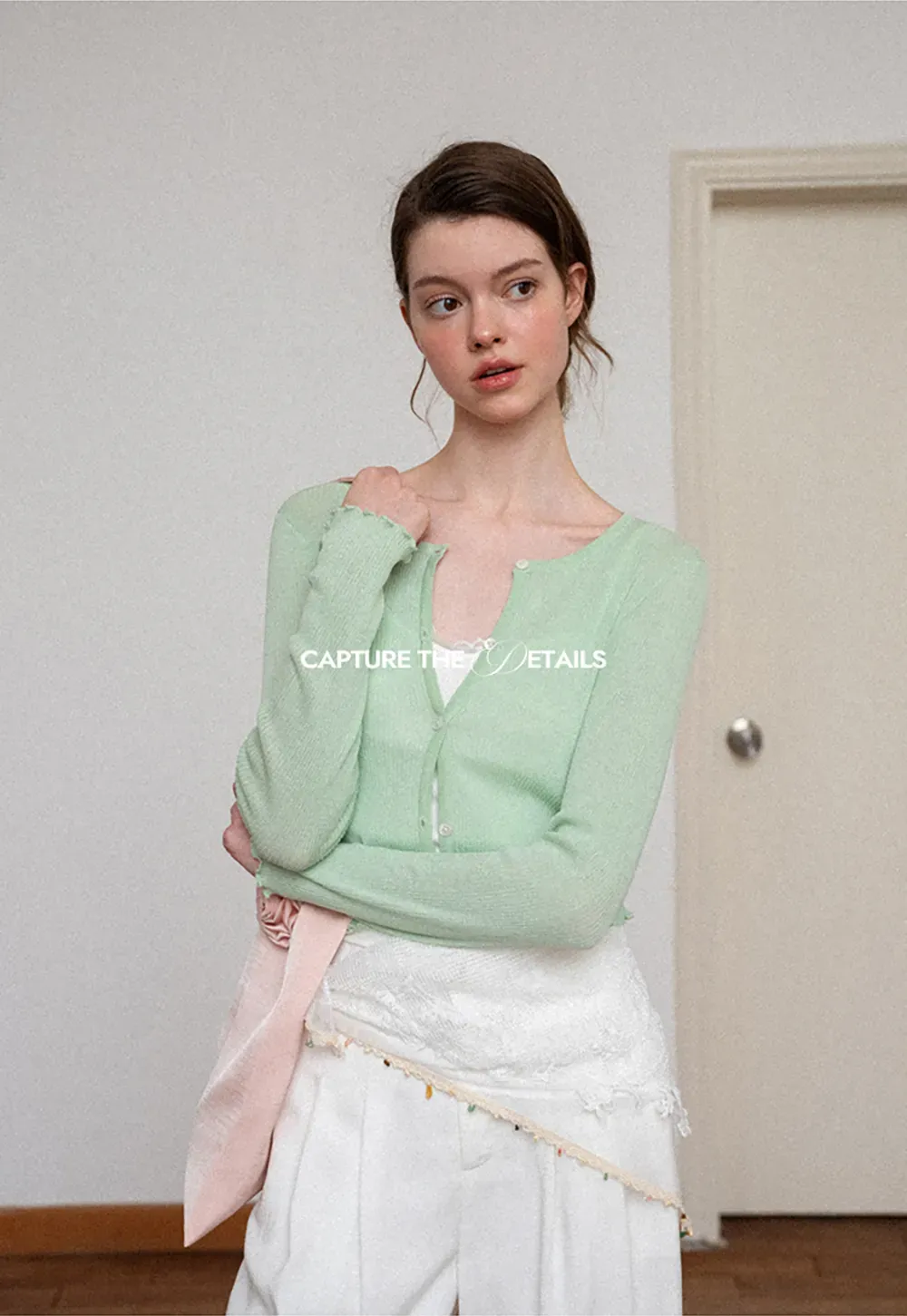 Ribbed Knit Cardigan with Pearl Buttons and Scallop Hem