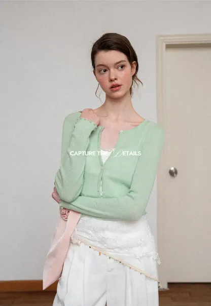 Ribbed Knit Cardigan with Pearl Buttons and Scallop Hem