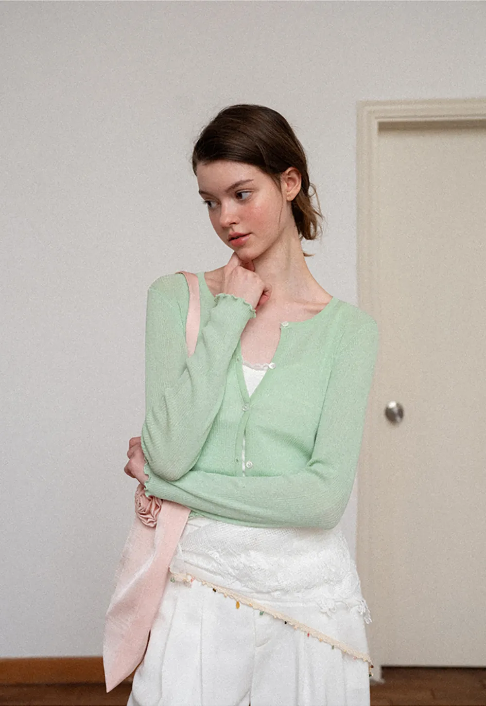 Ribbed Knit Cardigan with Pearl Buttons and Scallop Hem