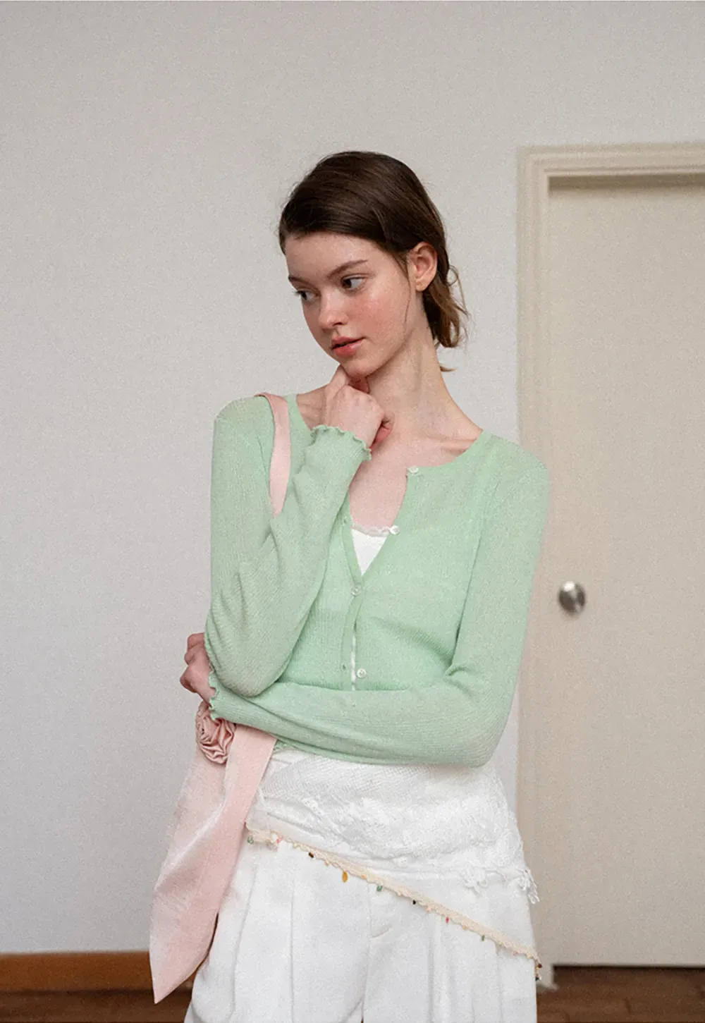 Ribbed Knit Cardigan with Pearl Buttons and Scallop Hem