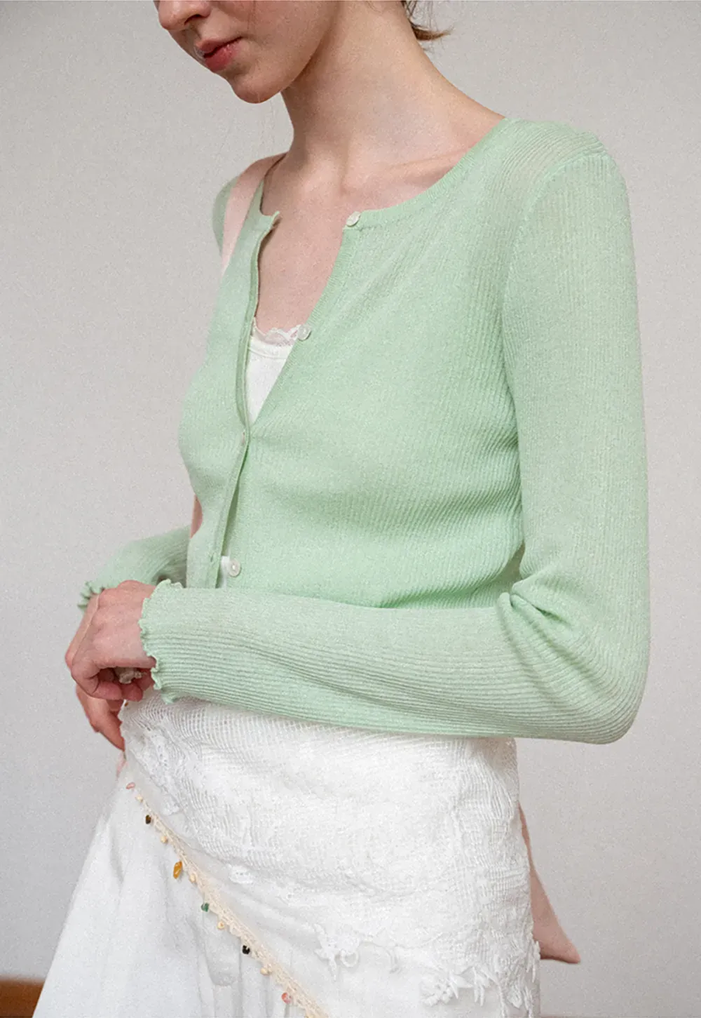 Ribbed Knit Cardigan with Pearl Buttons and Scallop Hem