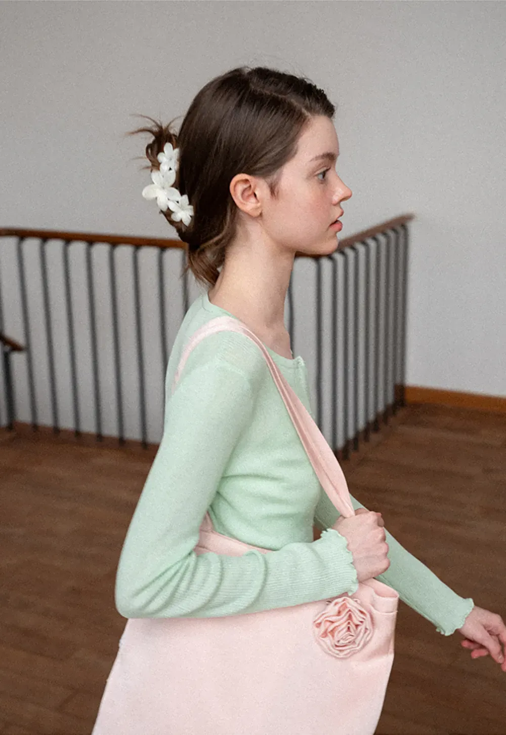 Ribbed Knit Cardigan with Pearl Buttons and Scallop Hem