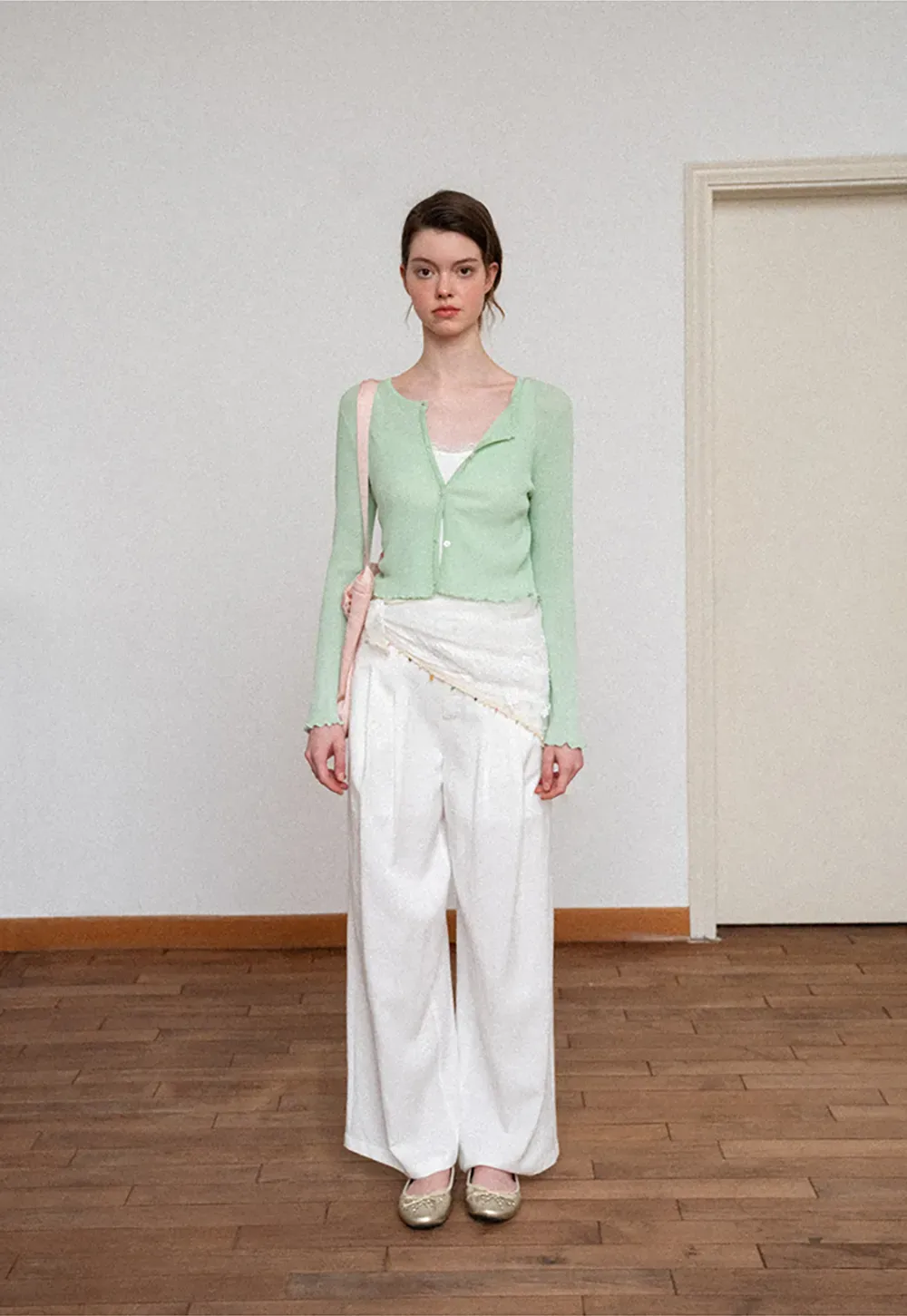 Ribbed Knit Cardigan with Pearl Buttons and Scallop Hem