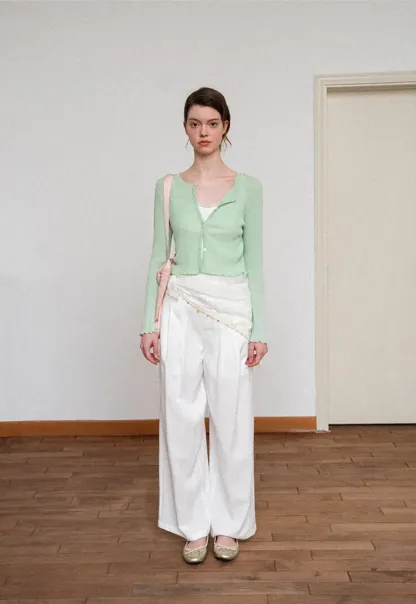 Ribbed Knit Cardigan with Pearl Buttons and Scallop Hem