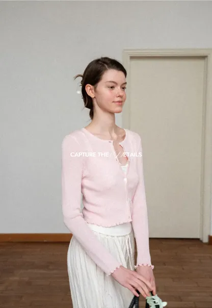 Ribbed Knit Cardigan with Pearl Buttons and Scallop Hem