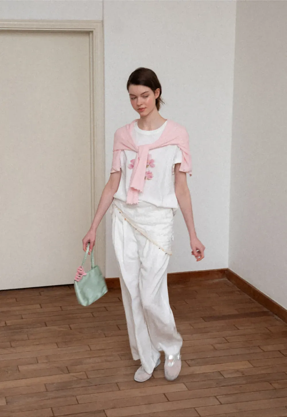 Ribbed Knit Cardigan with Pearl Buttons and Scallop Hem