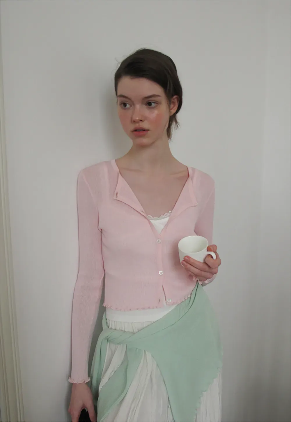 Ribbed Knit Cardigan with Pearl Buttons and Scallop Hem