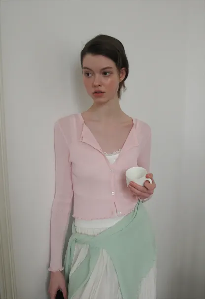 Ribbed Knit Cardigan with Pearl Buttons and Scallop Hem