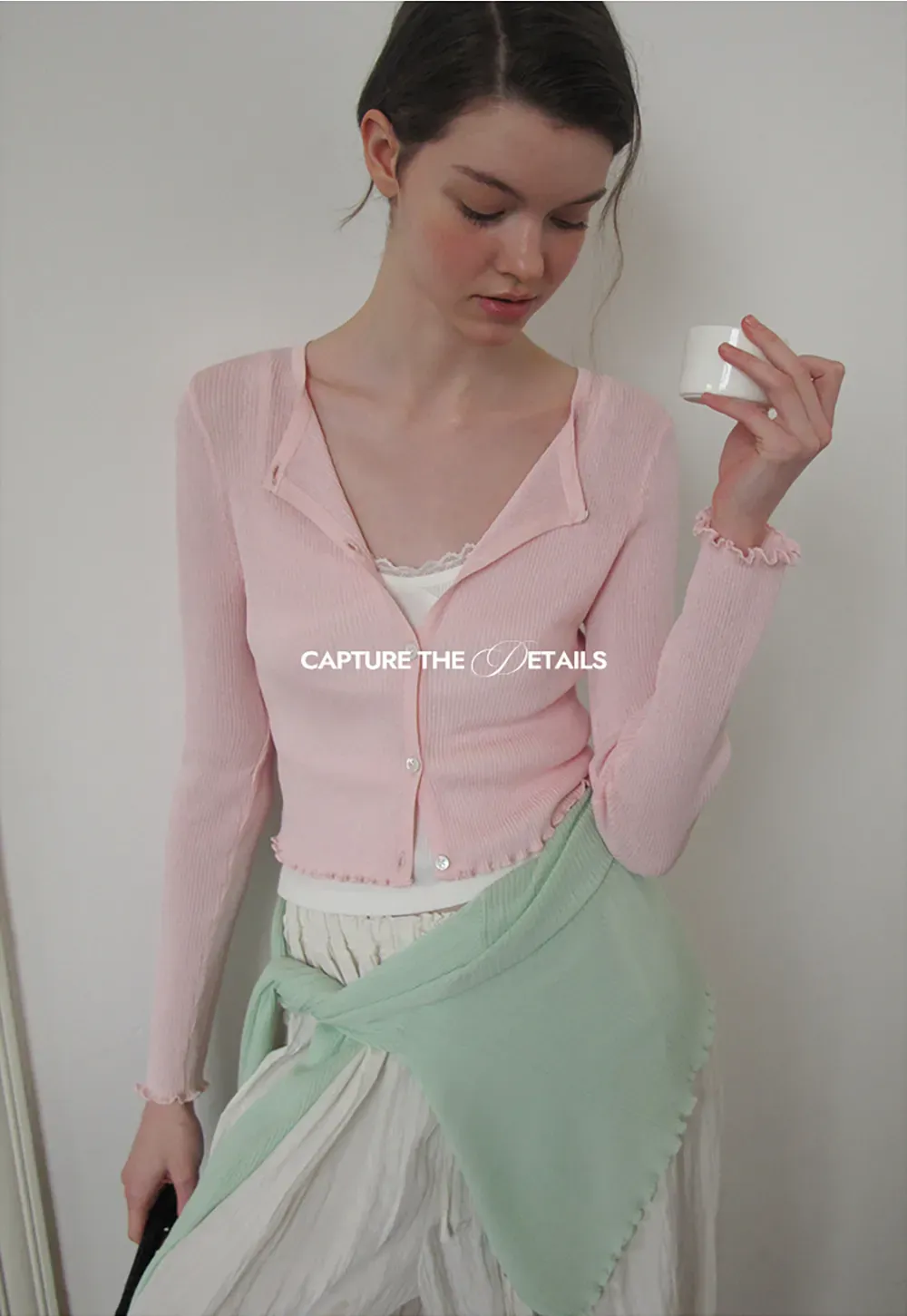 Ribbed Knit Cardigan with Pearl Buttons and Scallop Hem