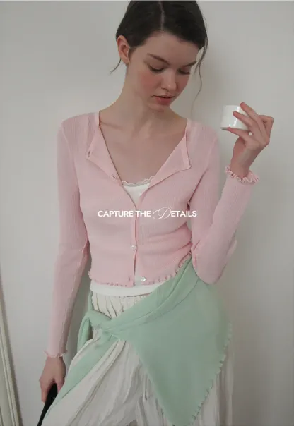 Ribbed Knit Cardigan with Pearl Buttons and Scallop Hem