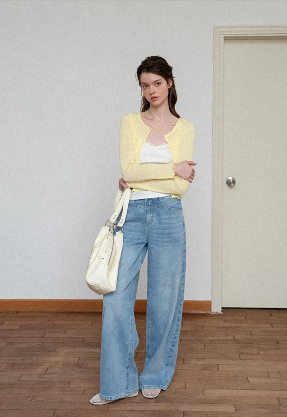 Ribbed Knit Cardigan with Pearl Buttons and Scallop Hem