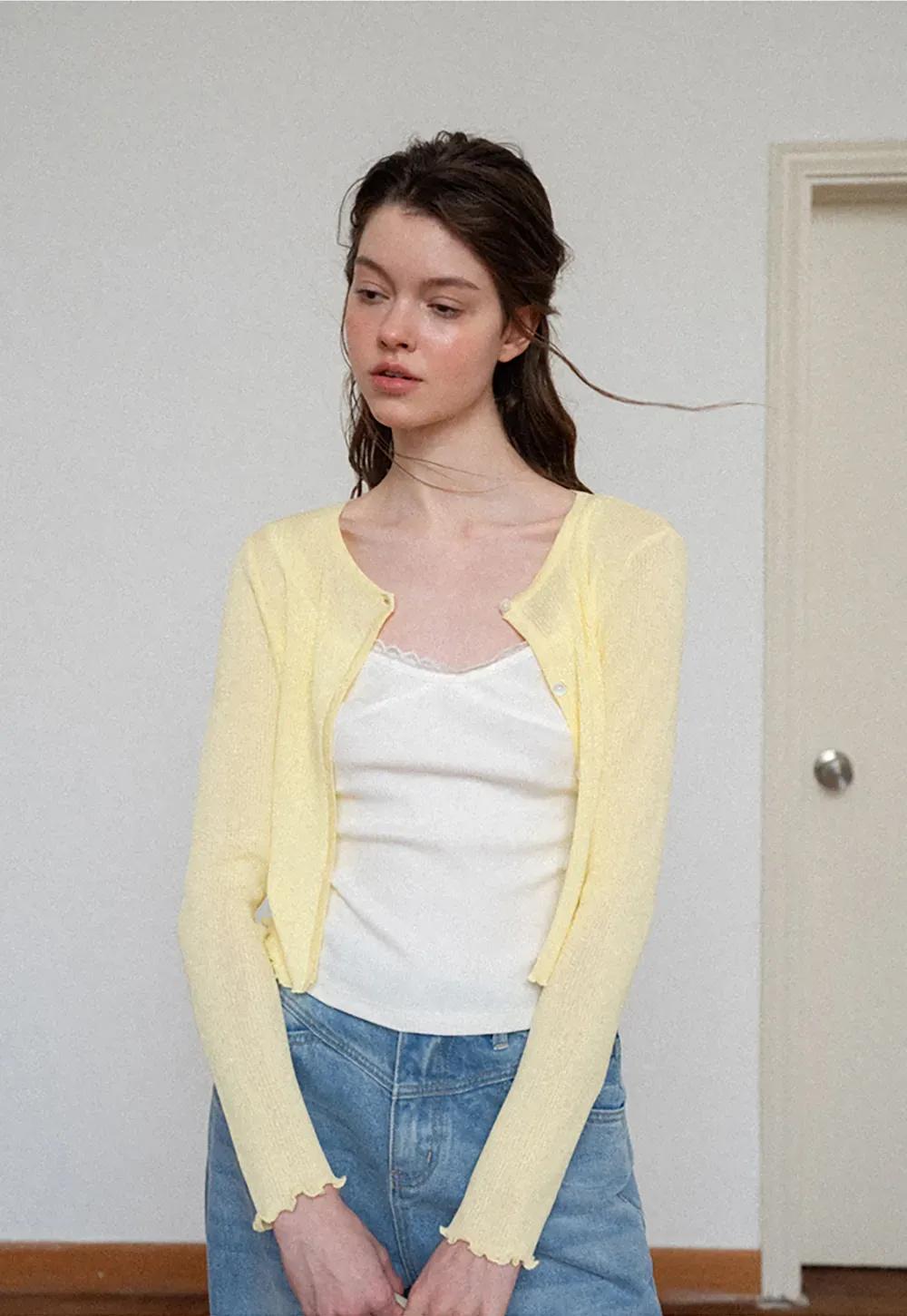 Ribbed Knit Cardigan with Pearl Buttons and Scallop Hem