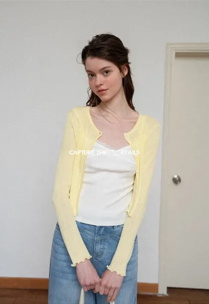 Ribbed Knit Cardigan with Pearl Buttons and Scallop Hem