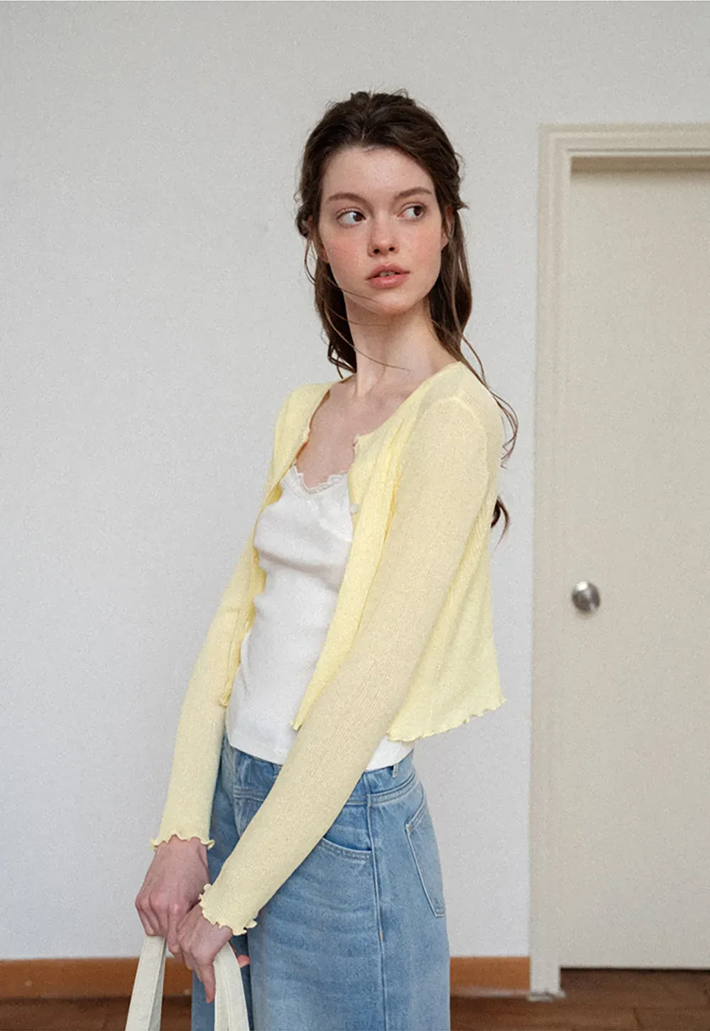 Ribbed Knit Cardigan with Pearl Buttons and Scallop Hem