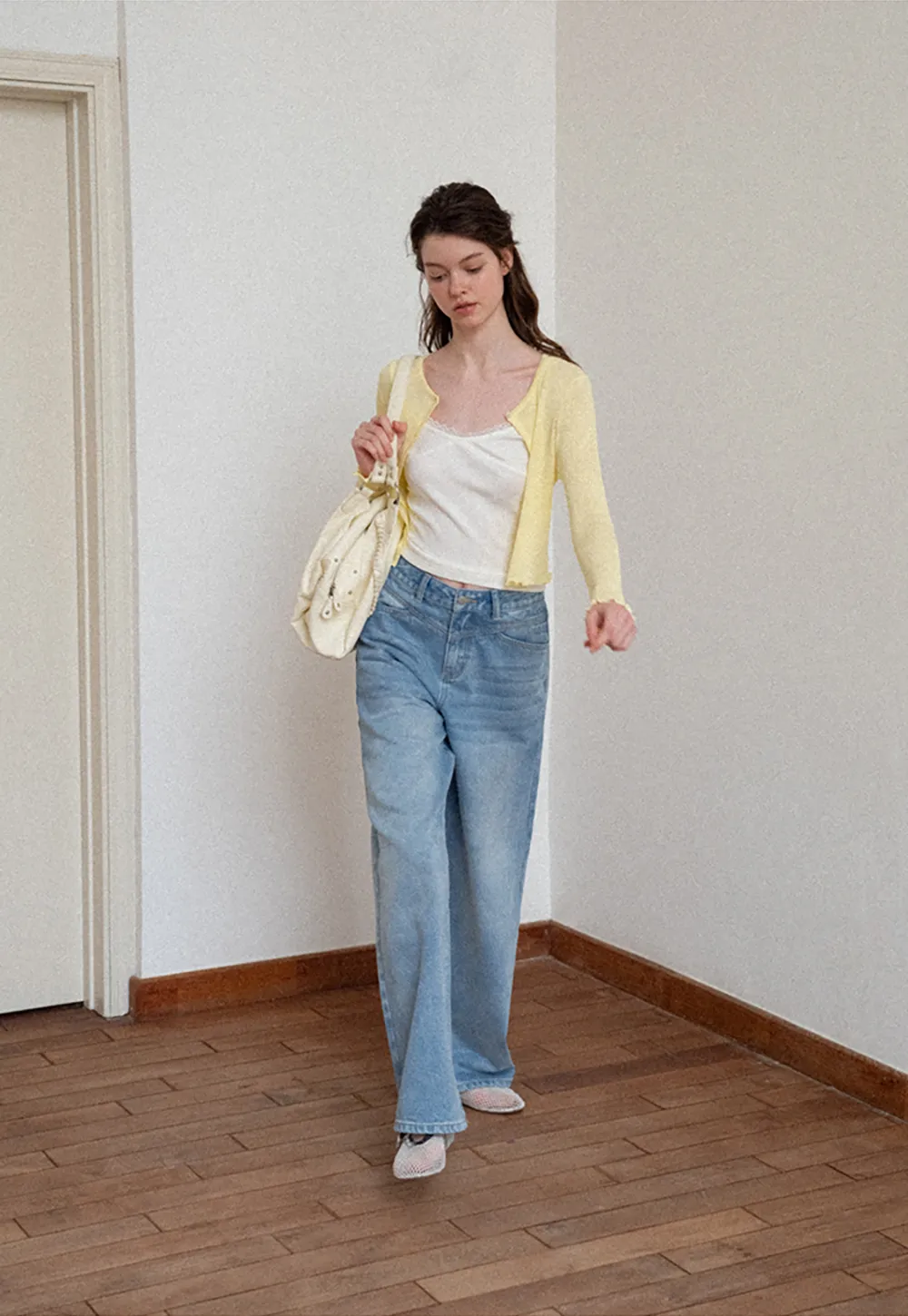 Ribbed Knit Cardigan with Pearl Buttons and Scallop Hem