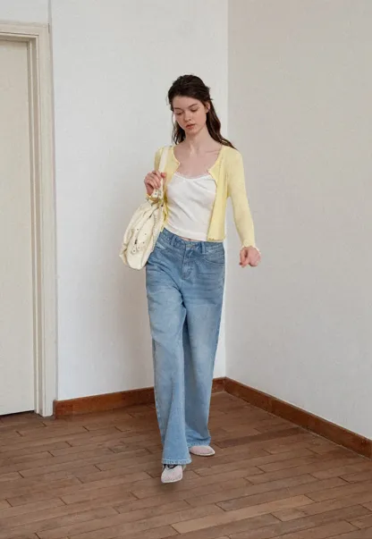 Ribbed Knit Cardigan with Pearl Buttons and Scallop Hem