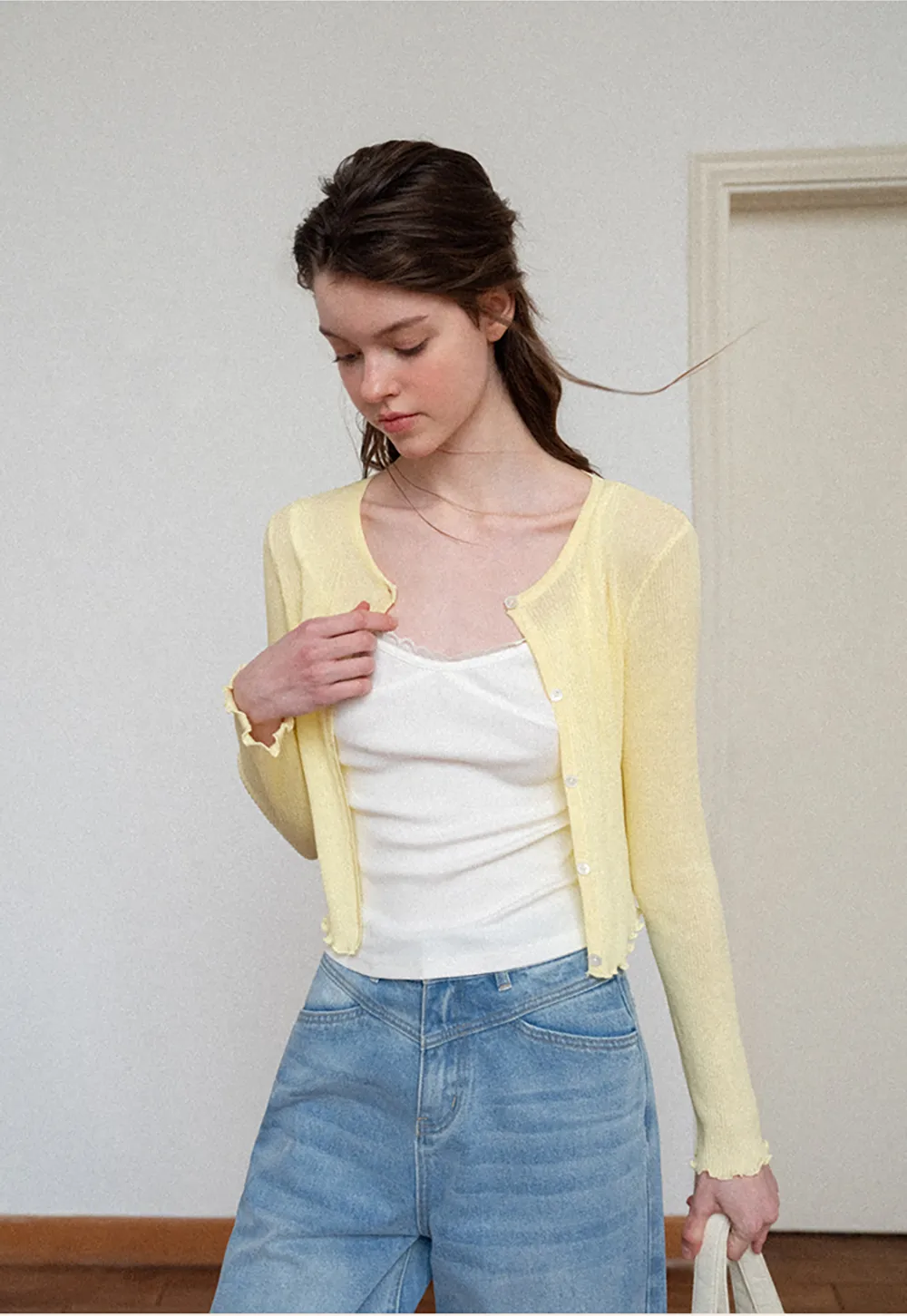 Ribbed Knit Cardigan with Pearl Buttons and Scallop Hem