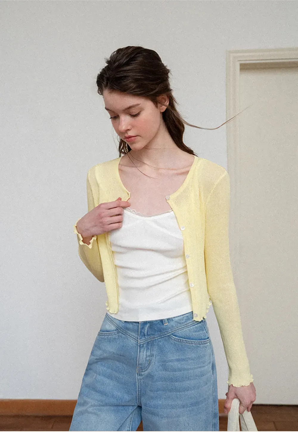 Ribbed Knit Cardigan with Pearl Buttons and Scallop Hem