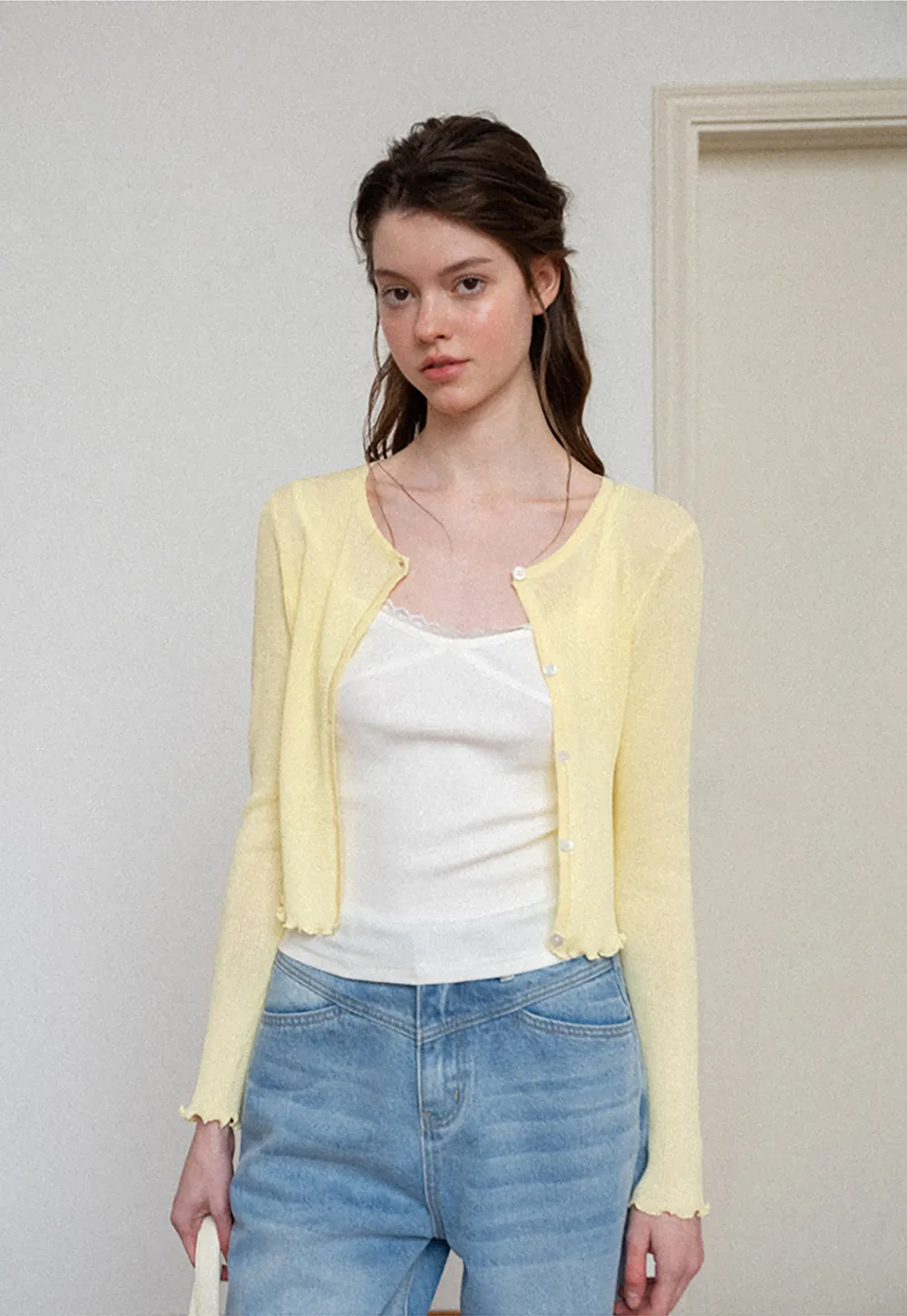 Ribbed Knit Cardigan with Pearl Buttons and Scallop Hem