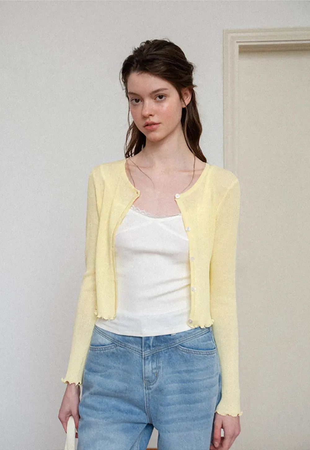 Ribbed Knit Cardigan with Pearl Buttons and Scallop Hem