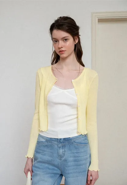 Ribbed Knit Cardigan with Pearl Buttons and Scallop Hem