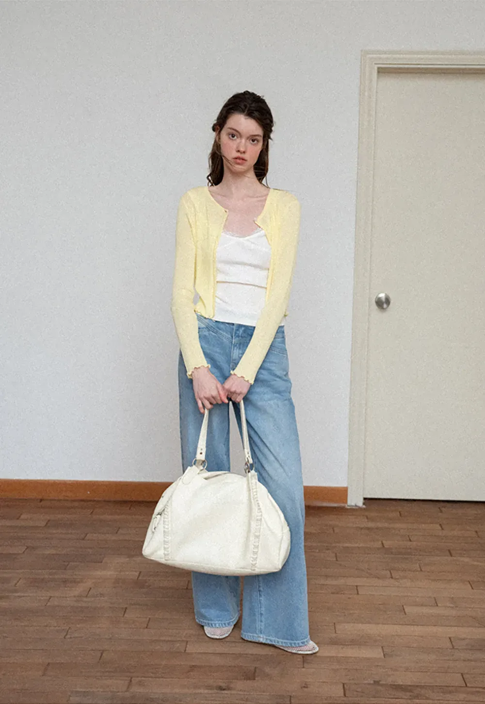 Ribbed Knit Cardigan with Pearl Buttons and Scallop Hem