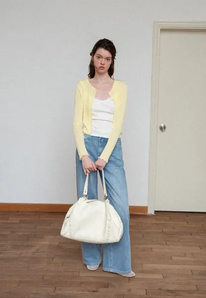 Ribbed Knit Cardigan with Pearl Buttons and Scallop Hem