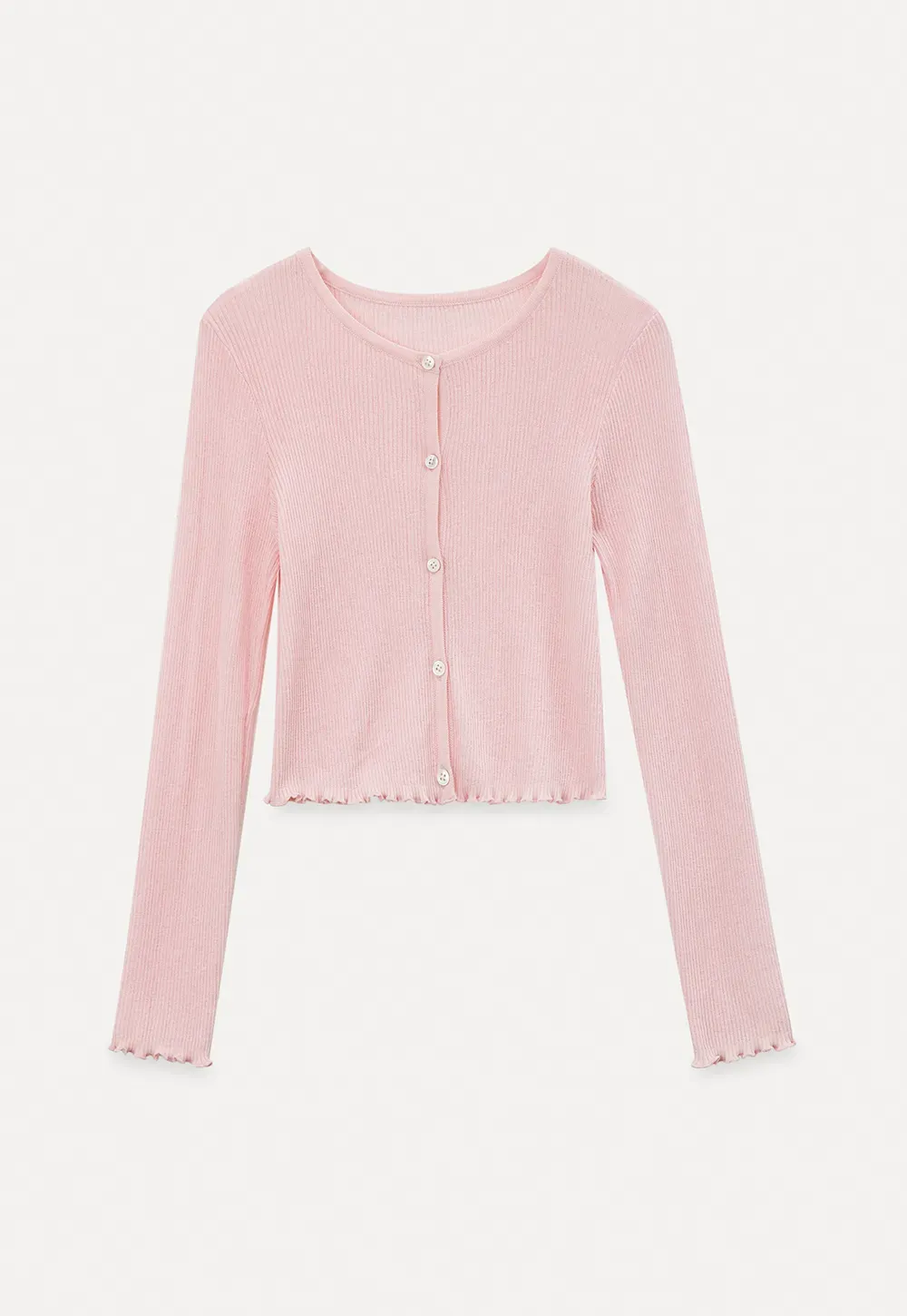 Ribbed Knit Cardigan with Pearl Buttons and Scallop Hem