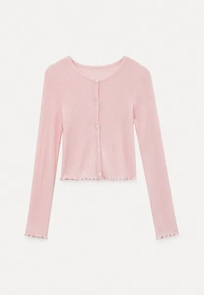 Ribbed Knit Cardigan with Pearl Buttons and Scallop Hem