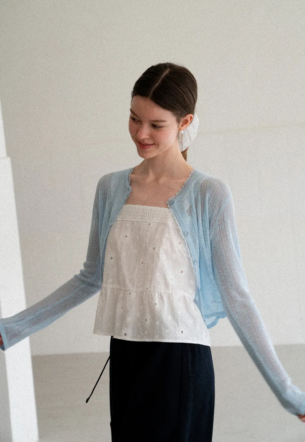 Lace Trim Knit Cardigan Long Sleeve Open Front