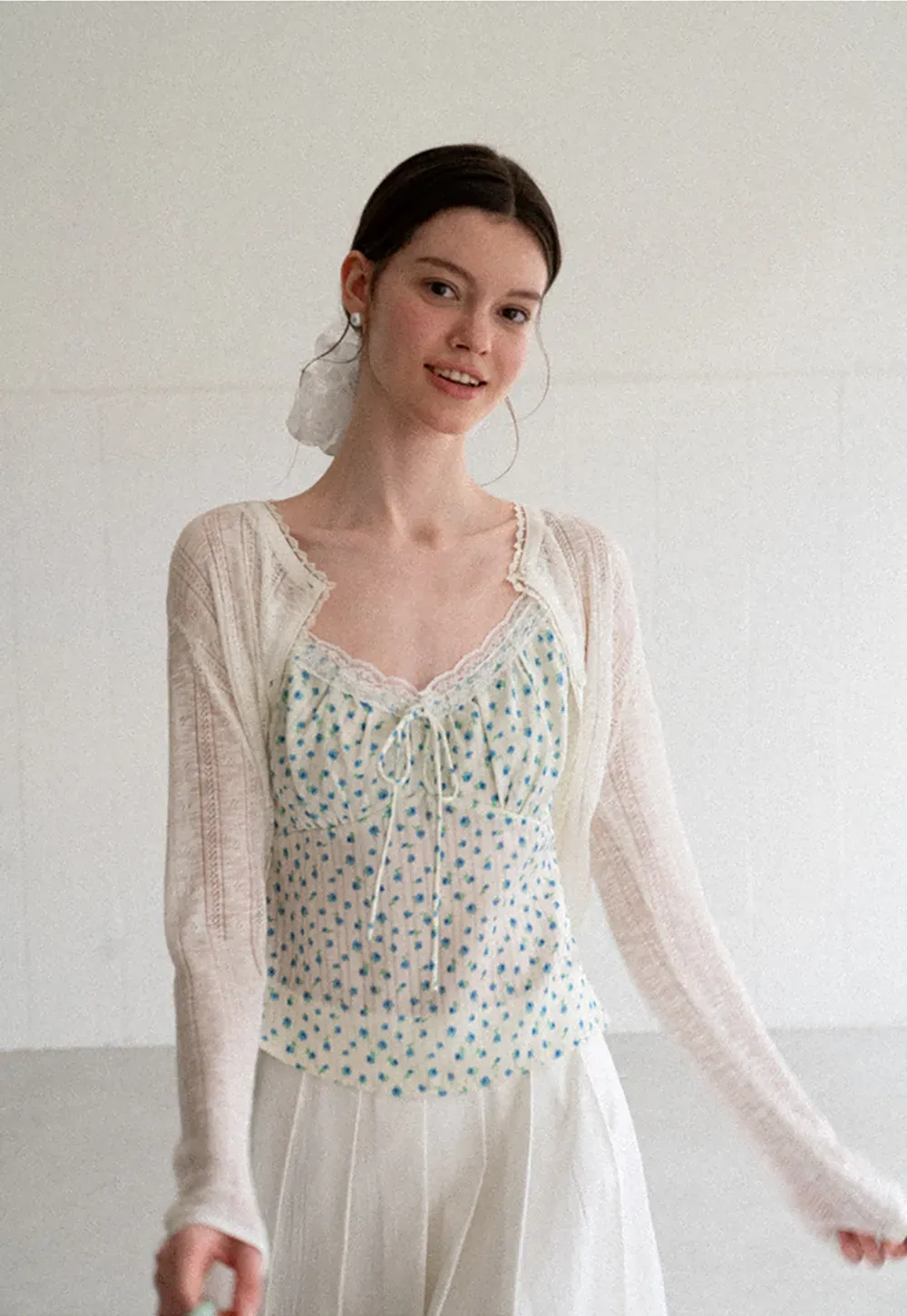 Lace Trim Knit Cardigan Long Sleeve Open Front