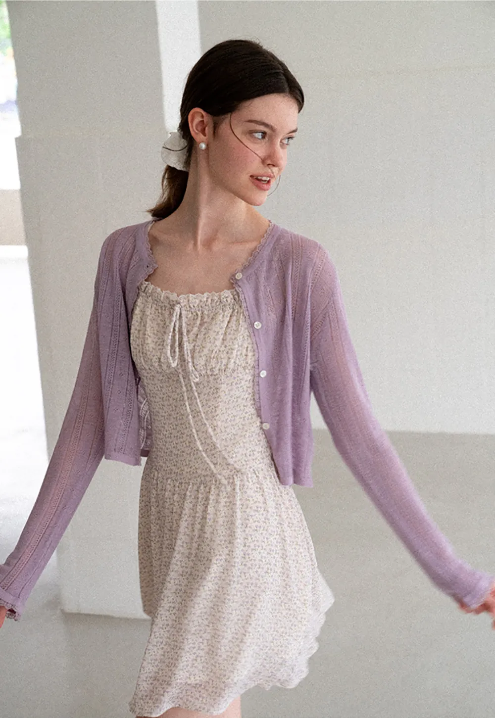 Lace Trim Knit Cardigan Long Sleeve Open Front