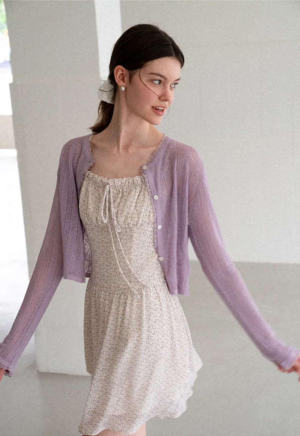 Lace Trim Knit Cardigan Long Sleeve Open Front
