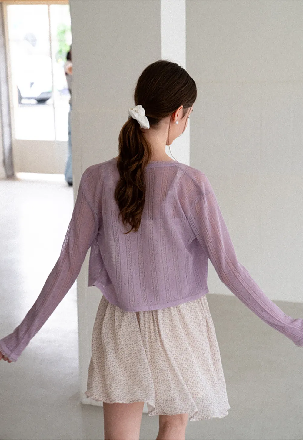 Lace Trim Knit Cardigan Long Sleeve Open Front