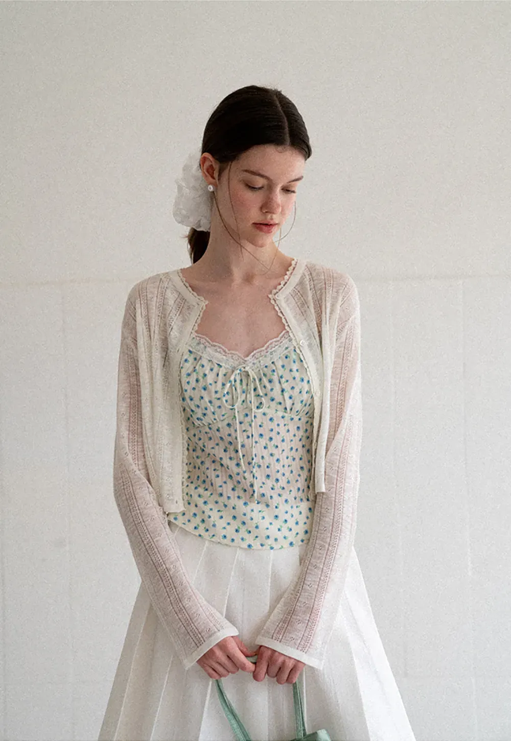 Lace Trim Knit Cardigan Long Sleeve Open Front