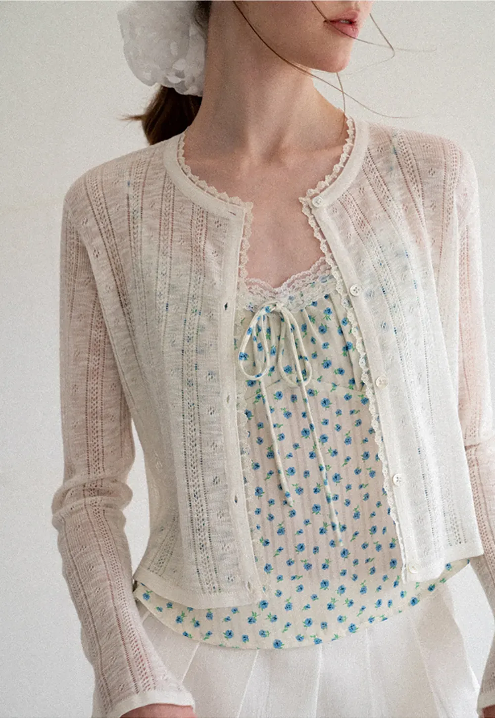 Lace Trim Knit Cardigan Long Sleeve Open Front