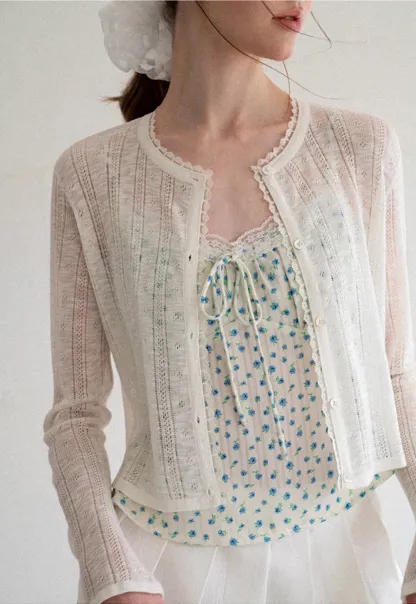 Lace Trim Knit Cardigan Long Sleeve Open Front