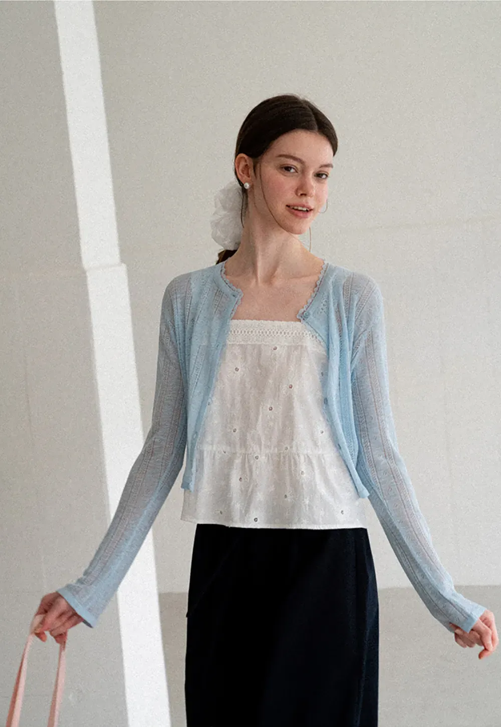 Lace Trim Knit Cardigan Long Sleeve Open Front