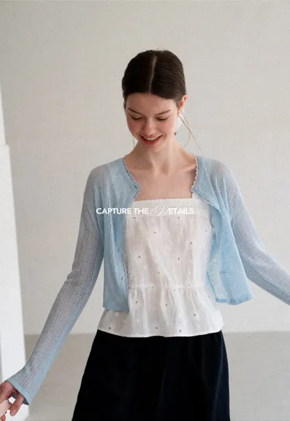 Lace Trim Knit Cardigan Long Sleeve Open Front