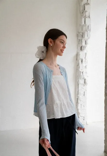 Lace Trim Knit Cardigan Long Sleeve Open Front