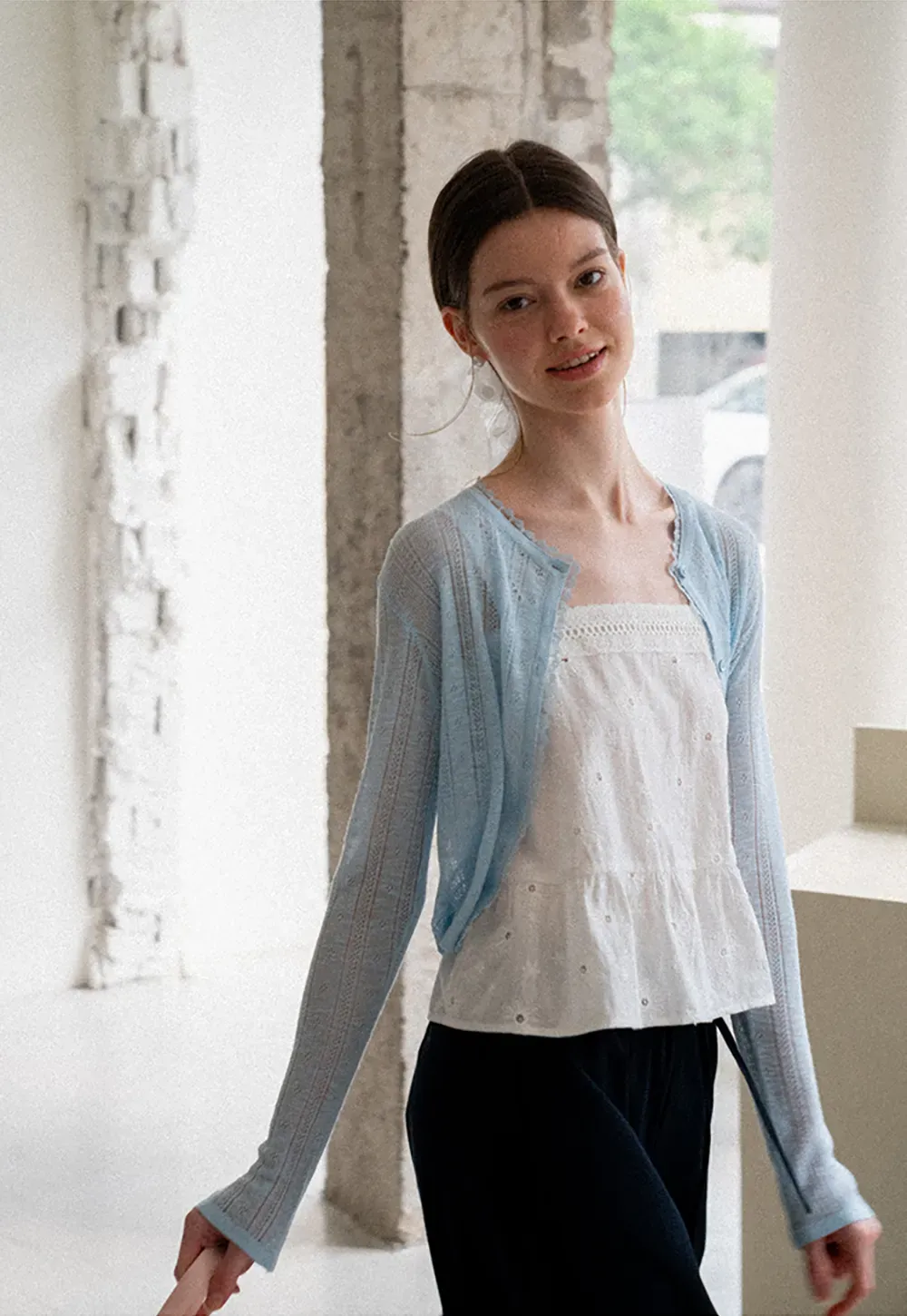 Lace Trim Knit Cardigan Long Sleeve Open Front