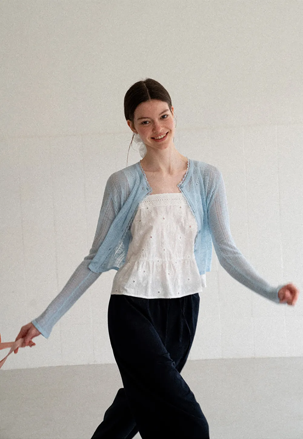 Lace Trim Knit Cardigan Long Sleeve Open Front