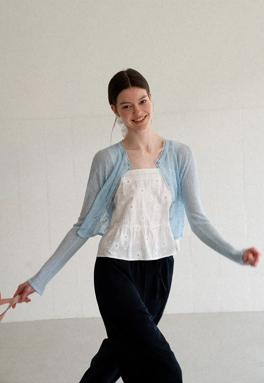 Lace Trim Knit Cardigan Long Sleeve Open Front