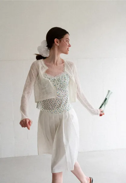 Lace Trim Knit Cardigan Long Sleeve Open Front
