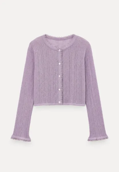 Lace Trim Knit Cardigan Long Sleeve Open Front