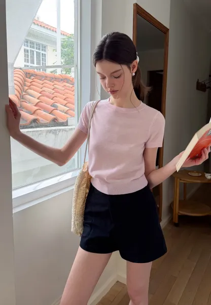 Ribbed Knit Short Sleeve Crewneck Sweater