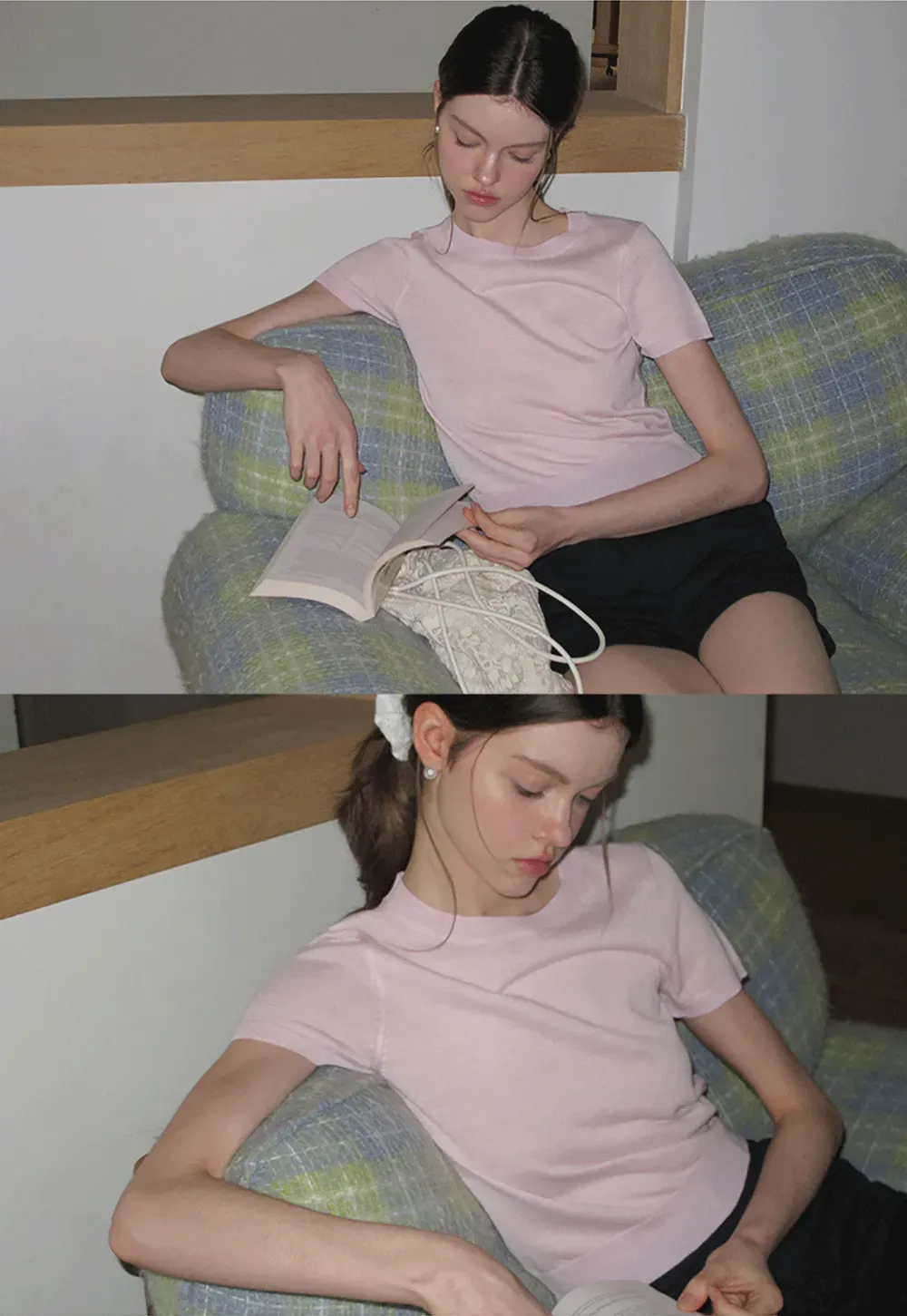 Ribbed Knit Short Sleeve Crewneck Sweater