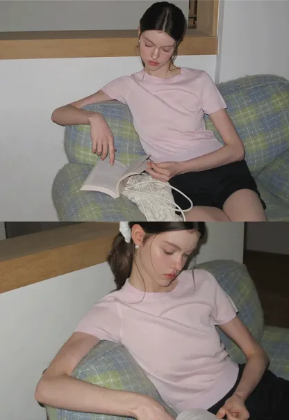 Ribbed Knit Short Sleeve Crewneck Sweater