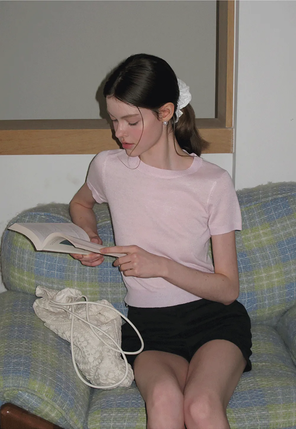 Ribbed Knit Short Sleeve Crewneck Sweater