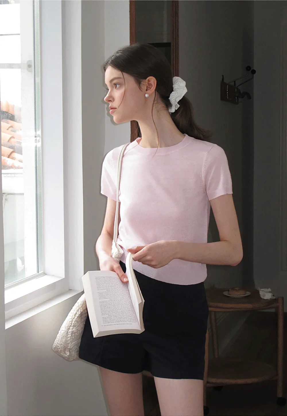 Ribbed Knit Short Sleeve Crewneck Sweater